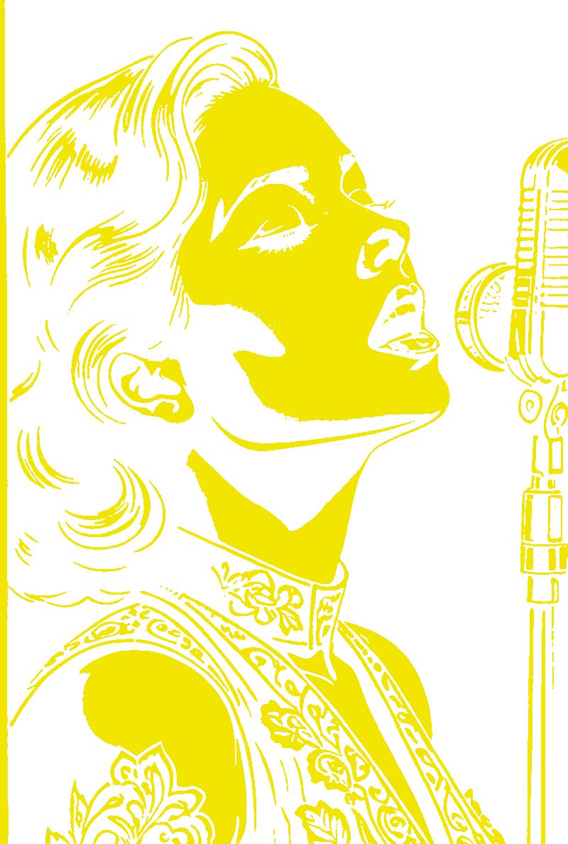 Yellow-ink print of a singer with her eyes closed at a vintage microphone